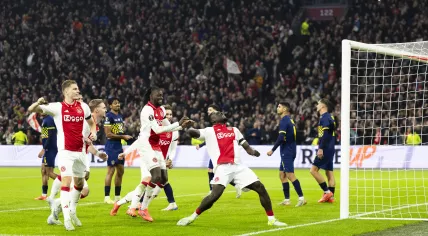 Anton Gaaei of Ajax, Bertrand Traore of Ajax, Mika Godts of Ajax, Brian Brobbey of Ajax celebrate the 4-0 during the UEFA Europa League match between AFC Ajax Amsterdam and Maccabi Tel-Aviv at the Johan Cruijff ArenA on November 7, 2024 in Amsterdam , The Netherlands.