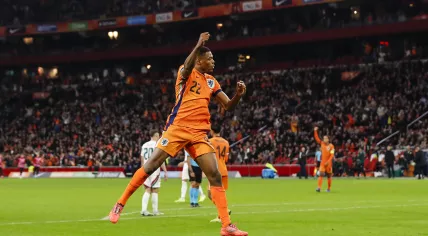 Denzel Dumfries of Netherlands celebrates 3-0 during the UEFA Nations League match between Netherlands and Hungary at Johan Cruyff ArenA on November 16, 2024 in Amsterdam, Netherlands