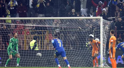 Jorrel Hato is too late to stop Bosnia scoring the 1-1 during the UEFA Nations League match between Bosnia and Herzegovina and the Netherlands at Bilino Polje Stadium on November 19, 2024 in Zenica, Bosnia and Herzegovina.