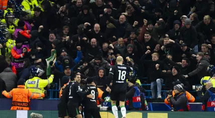 Feyenoord celebrates the 3-3 during the UEFA Champions league match between Manchester City FC and Feyenoord at the Etihad stadium on November 26, 2024 in Manchester, England.