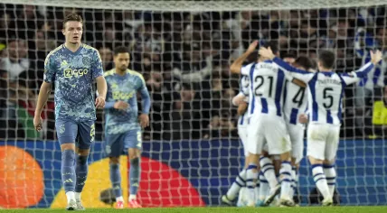  Ajax player Christian Rasmussen walks away from celebrating Real Sociedad players after the 1-0 during the UEFA Europa League match between Real Sociedad and Ajax Amsterdam at Reala Arena on November 28, 2024 in San Sebastian, Spain.
