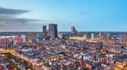 Aerial view of The Hague at twilight
