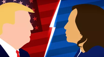 Donald Trump Vs Kamala Harris Presidential Debate concept background with an American flag in the backdrop.