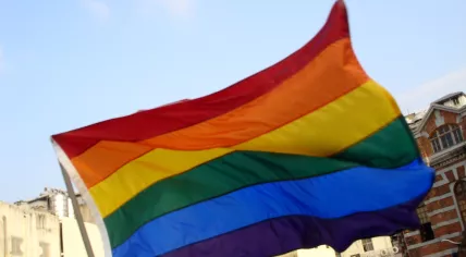 A rainbow flag flying during the 2nd Taiwan Pride in Taipei. November 2004