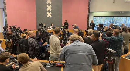 Amsterdam mayor Femke Halsema, public prosecutor René de Beukelaer, and police chief Peter Holla giving a press conference on attacks on Israeli football supporters in the city, 8 November 2024