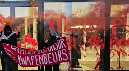 Ahoy Rotterdam defaced with fake blood and slogans against funding war crimes ahead of the arms fair on 21 November 2024