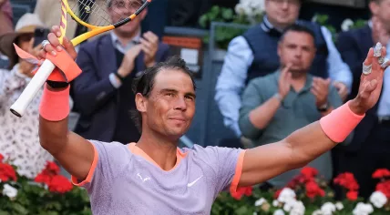 Rafael Nadal of Spain in action against Darwin Blanch on Day Three during their second round match of the Mutua Madrid Open at La Caja Magica on April 25, 2024 in Madrid, Spain