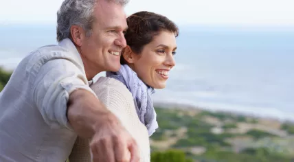 Mature couple, happy and outdoor on vacation