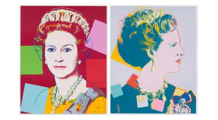 Queen Elizabeth II and Queen Margrethe II, two of the prints from Andy Warhol’s 1985 work, Reigning Queens