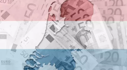 Outline map of Netherlands with transparent euro banknotes in background