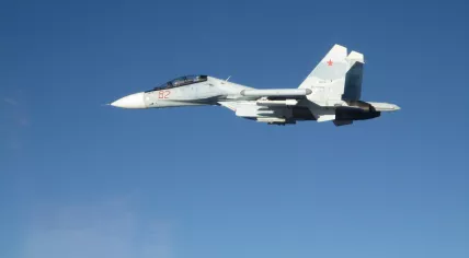 A Russian Sukhoi Su-35 fighter jet with tail number RF-81745 photographed as it was intercepted over the Baltic Sea in a joint operation between the Netherlands, Finland and Sweden. 18 Dec. 2024