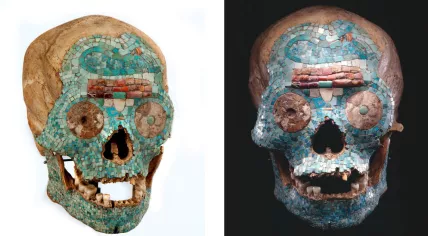 A Mixtec skull inlaid with mosaic tiles from Mexico
