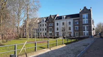 Homes on the Hertogsveld in the Helmond district of Brandevoort De Veste. On the left the playground in front of the Hertogsveld, on the right the Herenlaan, 24 February 2024