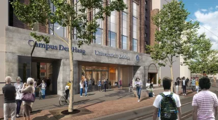 Artist’s rendering of the Leiden University campus building at the Spui in The Hague, planned for 2026