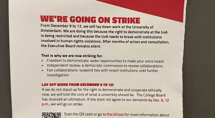 Flyers posted at the University of Amsterdam announcing a strike by the FNV union over issues related to protest rights, and collaboration with Israeli institutions. Dec. 2024