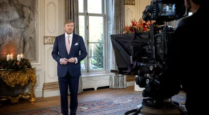 King Willem-Alexander during the recording of his 2024 Christmas Address from Huis ten Bosch Palace. December 2024