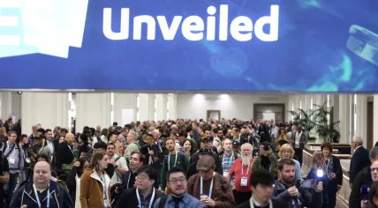 Visitors enter the CES 2024 conference in Las Vegas. January 2024.