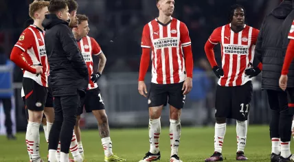 Jerdy Schouten of PSV Eindhoven, Noa Lang of PSV Eindhoven, Luuk de Jong of PSV Eindhoven, Johan Bakayoko of PSV Eindhoven disappointed after the Dutch Eredivisie match between PSV Eindhoven and AZ Alkmaar at the Phillips stadium on January 11, 2025 in Eindhoven, Netherlands
