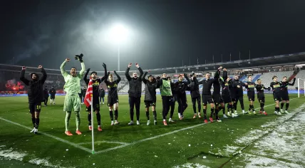 PSV players celebrate the 2-3 victory after the UEFA Champions League match between Red Star Belgrade and PSV Eindhoven at Rajko Mitic Stadium on January 21, 2025 in Belgrade, Serbia