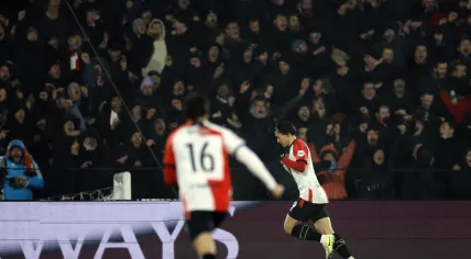 Ayase Ueda of Feyenoord celebrates the 3-0 during the UEFA Champions League match between Feyenoord and FC Bayern Munchen at Feyenoord Stadion de Kuip on January 22, 2025 in Rotterdam, Netherlands.