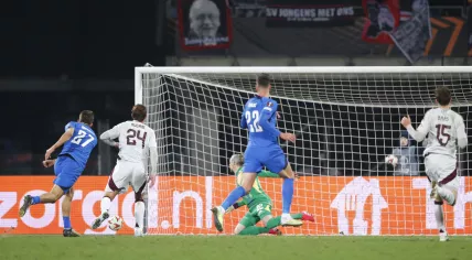 Adam Marhiev of FK RFS scores during the UEFA Europa League match between FK RFS and Ajax Amsterdam, in Riga, Latvia, 23 January 2025. 
