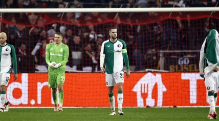 Gernot Trauner of Feyenoord, Feyenoord goalkeeper Timon Wellenreuther, David Hancko of Feyenoord, Antoni Milambo of Feyenoord disappointment during the UEFA Champions League match between Lille OSC and Feyenoord at Stade Pierre Mauroy on January 29, 2025 in Lille, France.