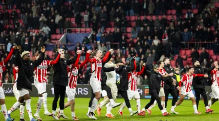 PSV players celebrate after the win over Liverpool FC during the UEFA Champions League match between PSV Eindhoven and Liverpool FC at Phillips Stadium on January 29, 2025 in Eindhoven, Netherlands.
