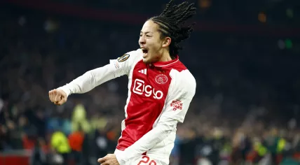 Kian Fitz-Jim of Ajax celebrates the 2-0 goal during the UEFA Europa League match between AFC Ajax and Galatasaray at Johan Cruijff ArenA on January 30, 2025 in Amsterdam, Netherlands.