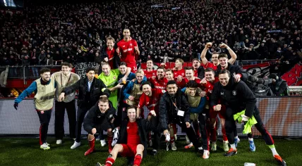 FC Twente players celebrate the victory during the UEFA Europa League match between FC Twente and Besiktas JK at Stadion De Grolsch Veste on January 30, 2025 in Enschede, Netherlands.