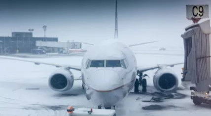 Airplane on the runway during winter weather.