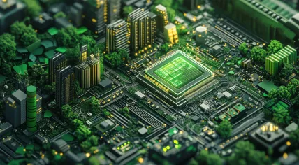 Green technology: Artist's rendering of trees and shrubbery growing around microchips on a circuit board