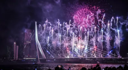Fireworks usher in the New Year on the Erasmus Bridge in Rotterdam. 1 January 2025