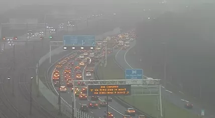 Traffic slowing down on a foggy day on the A4 near the A10 in Amsterdam just northeast of Schiphol Airport, 16 January 2025