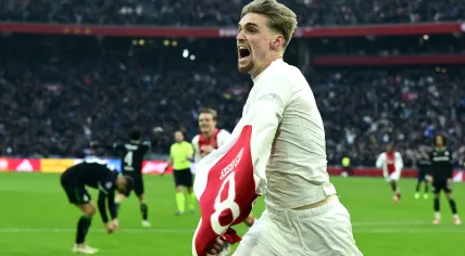 Kenneth Taylor of Ajax celebrates the 2-1 during the Dutch Eredivisie match between AFC Ajax and Feyenoord at Johan Cruijff ArenA on February 2, 2025 in Amsterdam, Netherlands.