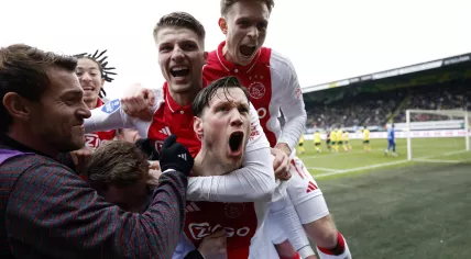 Wout Weghorst of Ajax, Anton Gaaei of Ajax, Oliver Edvardsen of Ajax celebrate the 0-1 during the Dutch Eredivisie match between Fortuna Sittard and AFC Ajax at Fortuna Sittard Stadium on February 9, 2025 in Sittard, Netherlands.