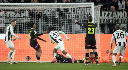 Teun Koopmeiners of Juventus FC and Samuel Mbangula Tshifunda of Juventus FC (51) celebrate the 2-1. (l-r) Ryan Flamingo of PSV Eindhoven, Armando Obispo of PSV Eindhoven, Joey Veerman of PSV Eindhoven, PSV Eindhoven goalkeeper Walter Benitez disappointment after the 2-1 during the UEFA Champions League Play-off match between Juventus FC and PSV Eindhoven at Allianz Stadium on February 11, 2025 in Turin, Italy.