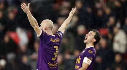 Gerrit Nauber of Go Ahead Eagles, Mats Deijl of Go Ahead Eagles celebrate victory during the KNVB Cup match between PSV Eindhoven and Go Ahead Eagles at Phillips Stadium on February 26, 2025 in Eindhoven, Netherlands.