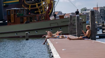 People sunbathing at the Marineterrein's inner harbour.