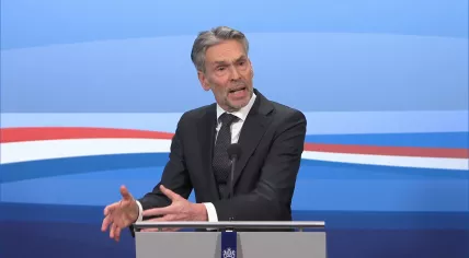 Dutch Prime Minister Dick Schoof speaking with reporters at his regular weekly press conference. 14 February 2025