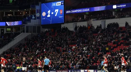 The scoreboard showing 1-7 during the UEFA Champions League match between PSV Eindhoven and Arsenal FC at Phillips Stadium on March 4, 2025 in Eindhoven, Netherlands.