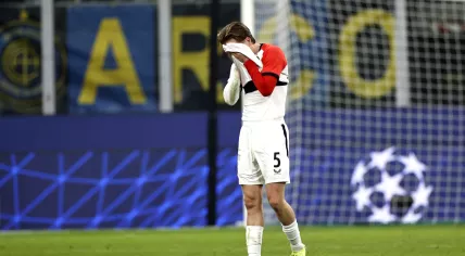 A disappointed Gijs Smal of Feyenoord after the UEFA Champions League match between Internazionale Milan and Feyenoord at the San Siro stadium on March 11, 2025 in Milan, Italy.