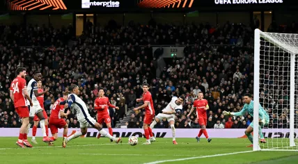 Tottenham Hotspur's French midfielder #28 Wilson Odobert scores the team's third goalduring the UEFA Europa League Last 16 Second Leg football match between Tottenham Hotspur and AZ Alkmaar at the Tottenham Hotspur Stadium in London, on March 13, 2025.