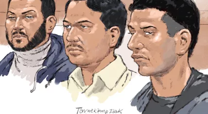 Court drawing of (from left to right) Adil A., Moshtag B. and Ilias B. in court. The three are suspected, together with Mourad B., of involvement in the deadly explosions at the Tarwekamp in The Hague. The enormous explosion on 7 December caused several houses to collapse and killed six people.