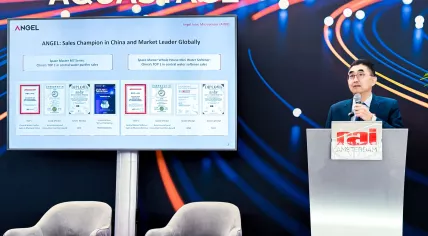 ANGEL Vice President Kai Zhao discussing his company's innovations at Aquatech 2025 in RAI Amsterdam. 12 March 2025