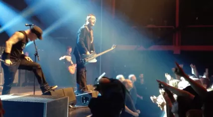 Heideroosjes bass player Fred H. stands front and center at the end of a song on stage at Ancienne Belgique in Brussels. 30 Sept. 2012