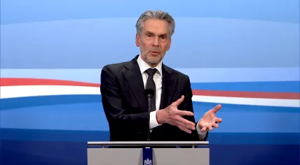Prime Minister Dick Schoof speaks at his weekly press conference on March 14, 2025.