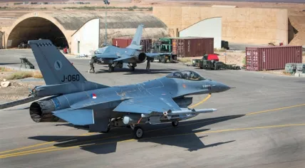 Two Dutch F-16 fighter jets on the ground in Hawija, Iraq. Undated