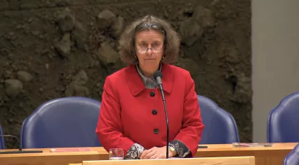 Asylum and Migration Minister Marjolein Faber (PVV) during a tense debate about her decision to hold up royal honors for volunteers who assisted prospective refugees. 1 April 2025
