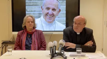 Bishop Hans van den Hende speaking about the death of Pope Francis during a press conference. 21 April 2025