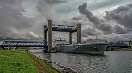 A ship, the MS Palatine, passing through the Caland Bridge in Rotterdam, 27 April 2016